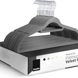 KEPLIN Velvet Hangers 20 Pack - Non-Slip Clothes Hangers with Tie Bar & 360° Hook - Durable & Sturdy, Space-Saving Wardrobe Organisers for Suits, Jackets & Clothes- Home Storage Solution (Grey)