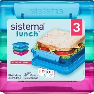 Sistema Lunch Sandwich Boxes | 450 ml | Airtight School Lunch Boxes | Assorted Colours | 3 Count