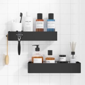 2 Pack Rustproof Shower Caddy – Drill-Free Bathroom Shelves with Hooks, Quick-Dry Wall Mounted Shower Organiser (Black)