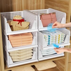 4 Pack Folding Wardrobe Storage Organiser – Stackable Closet Storage Boxes, Plastic Drawer Baskets for Bedroom, Kitchen & Bathroom (White)