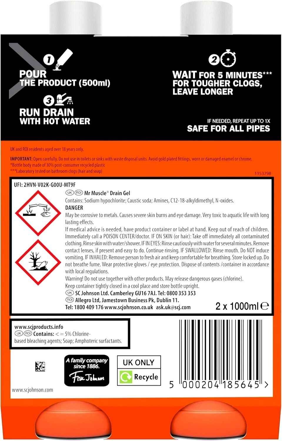 Mr Muscle Drain Unblocker 2x1L – Heavy Duty Sink & Drain Cleaner Gel for Fast Clog Removal, Safe for All Pipes 1